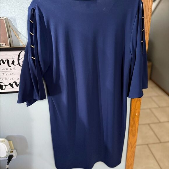 Michael Kors Vneck Navy Blue Shift Shit Dress Gold Open Sleeve Godm Features M - Picture 7 of 7
